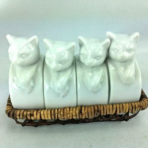 4 Cat Kitten Porcelain Napkin Rings in Basket